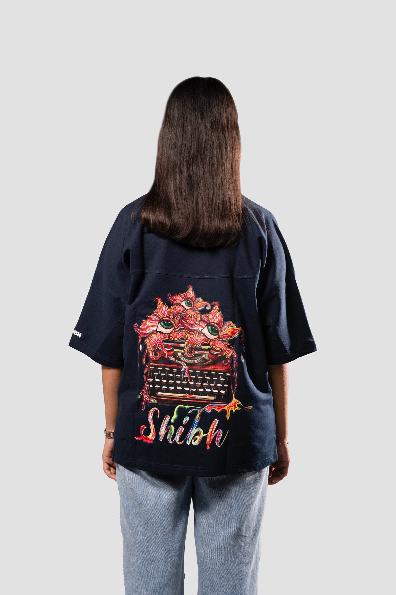 Amoeboid Typewriter Graphic Oversized T-Shirt - Dark Blue