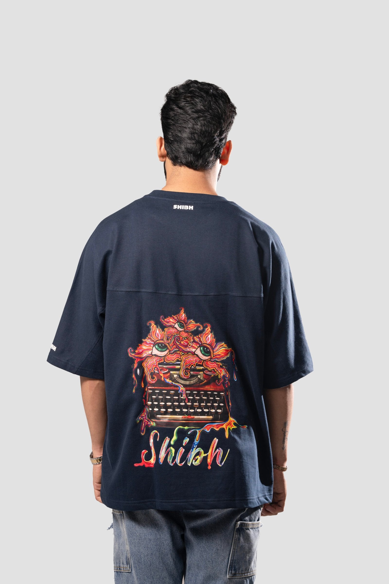 Amoeboid Typewriter Graphic Oversized T-Shirt - Dark Blue