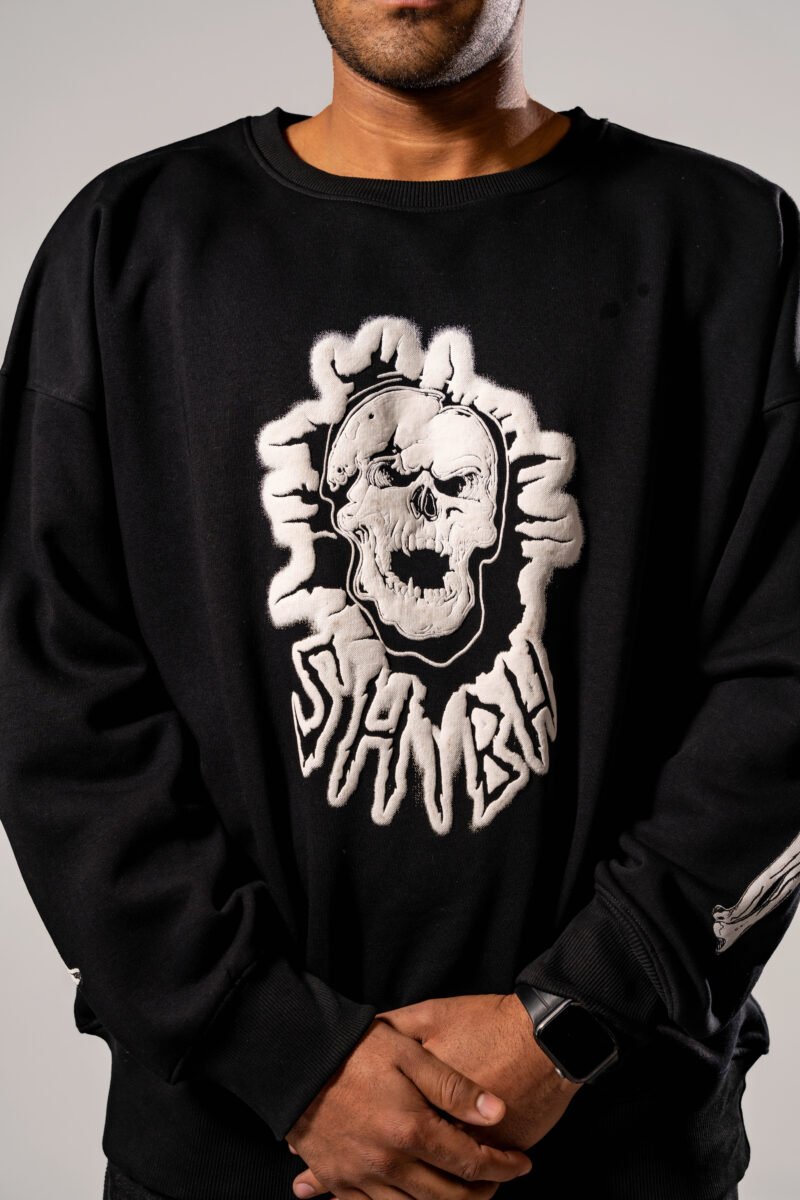 Burning Skull - Oversized Unisex Sweatshirt - Black - Image 4